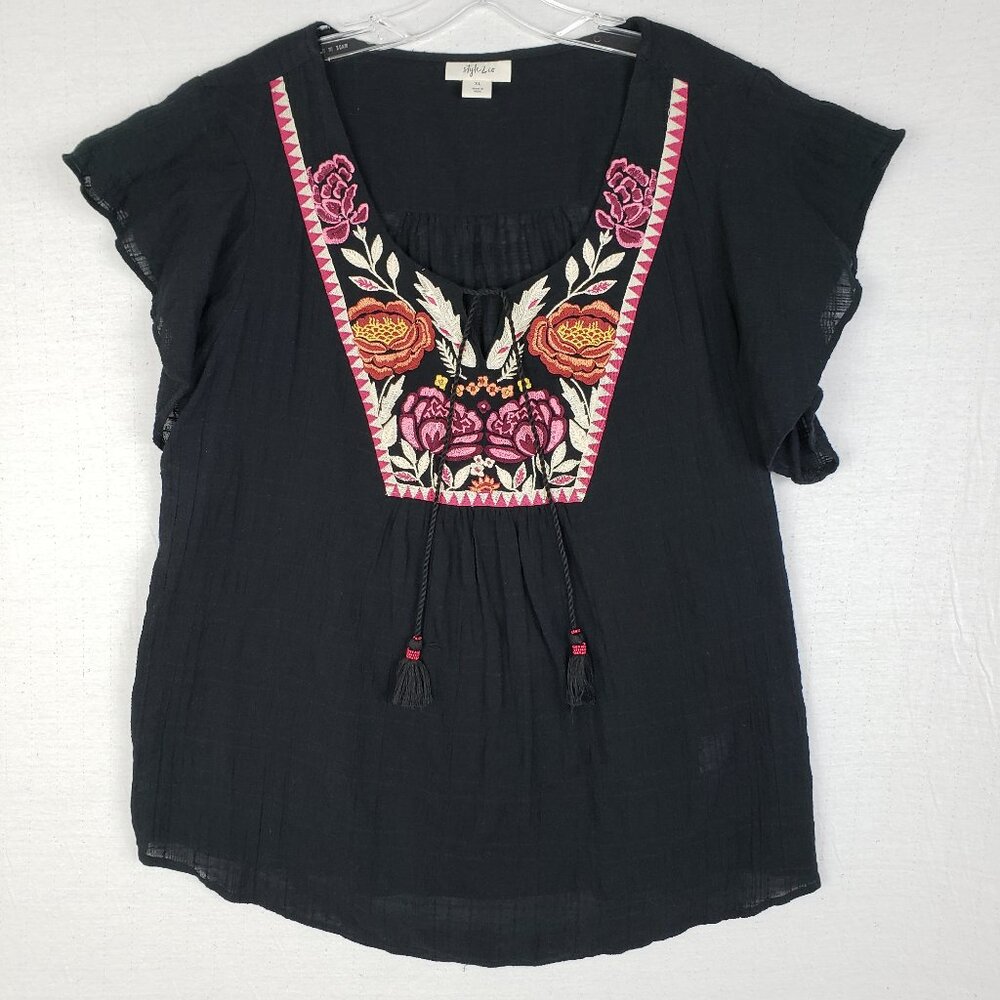 Style & Co. Black Peasant Blouse with Pink and Orange Floral Embroidery